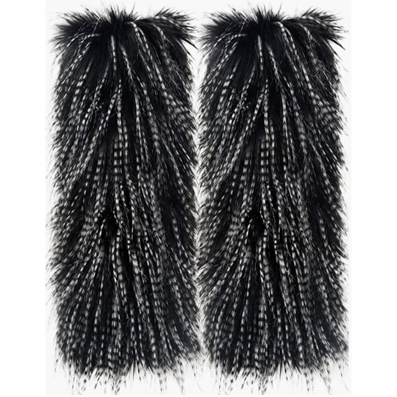 Tall Black & White Fuzzy Faux Fur Long Feather Cuff Boot Covers Leg Warmer Socks - Picture 5 of 6